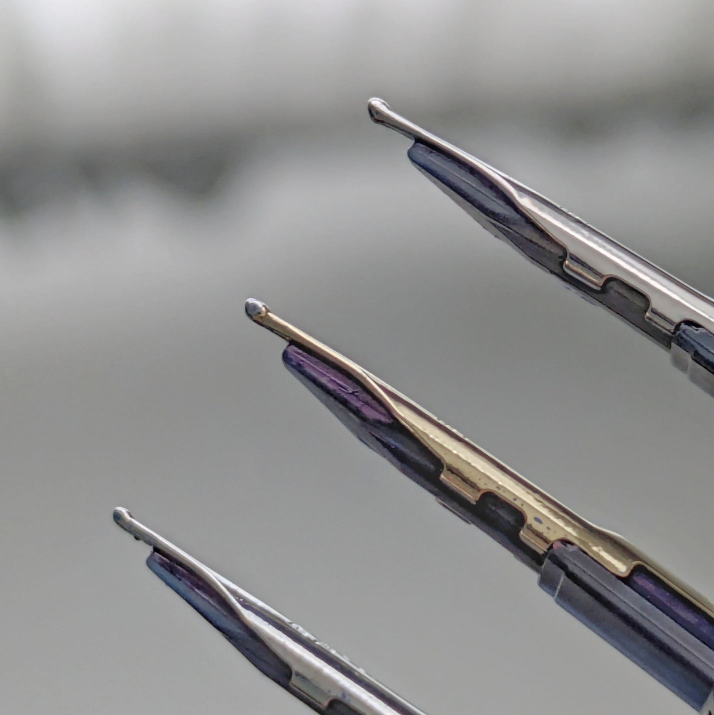 (From top) Medium, fine medium, and fine Pilot Capless nibs. 