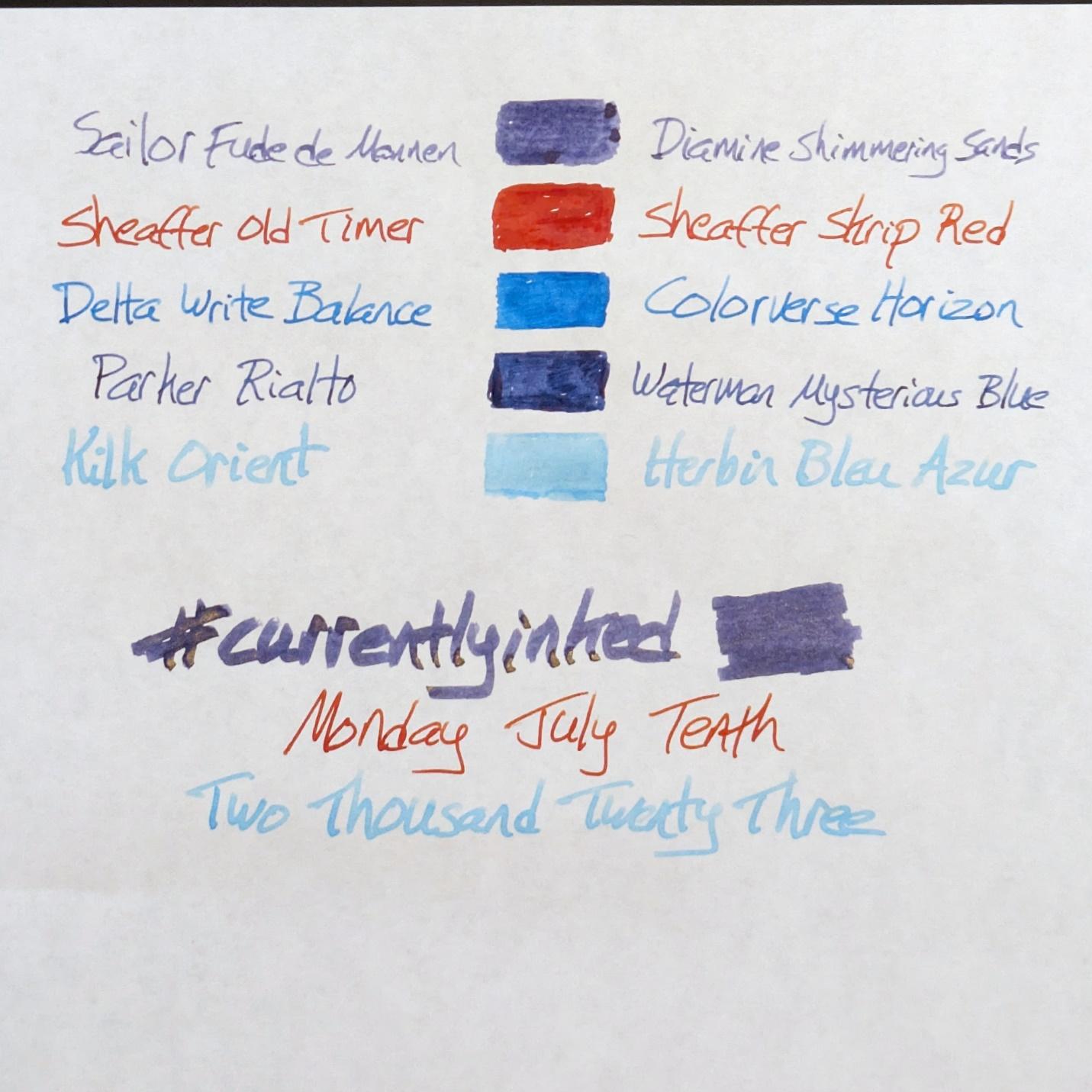 I made a mistake with the Diamine ink name in this list. It is Shimmering Seas, not sands. I'd already redone the list once, didn't feel like doing it again. 