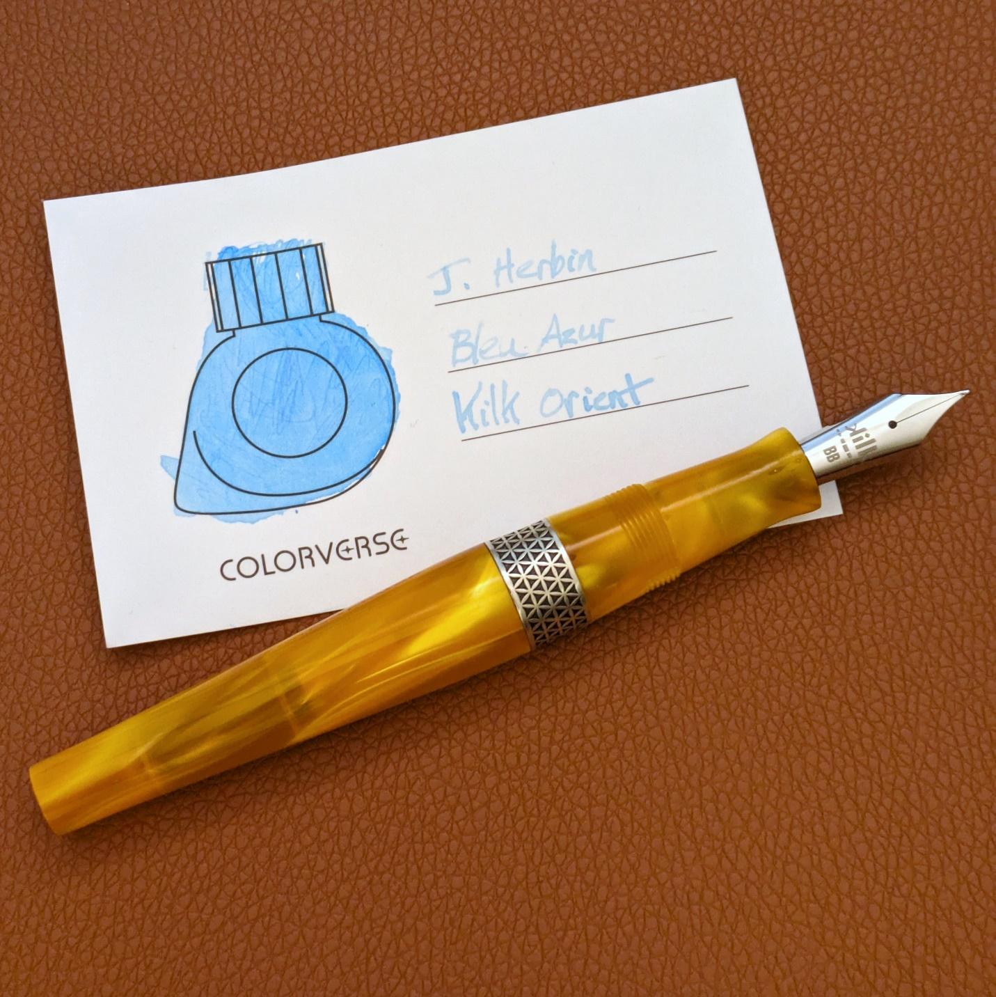 Kilk Orient double broad with J. Herbin Bleu Azur on a Colorverse ink swatch card