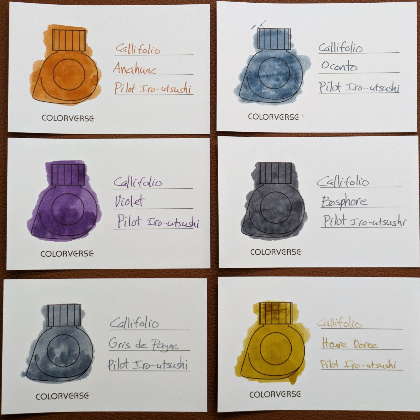 Callifolio ink swatches using a Q-tip and Pilot Iro-utsushi dip pen on Colorverse swatch cards.