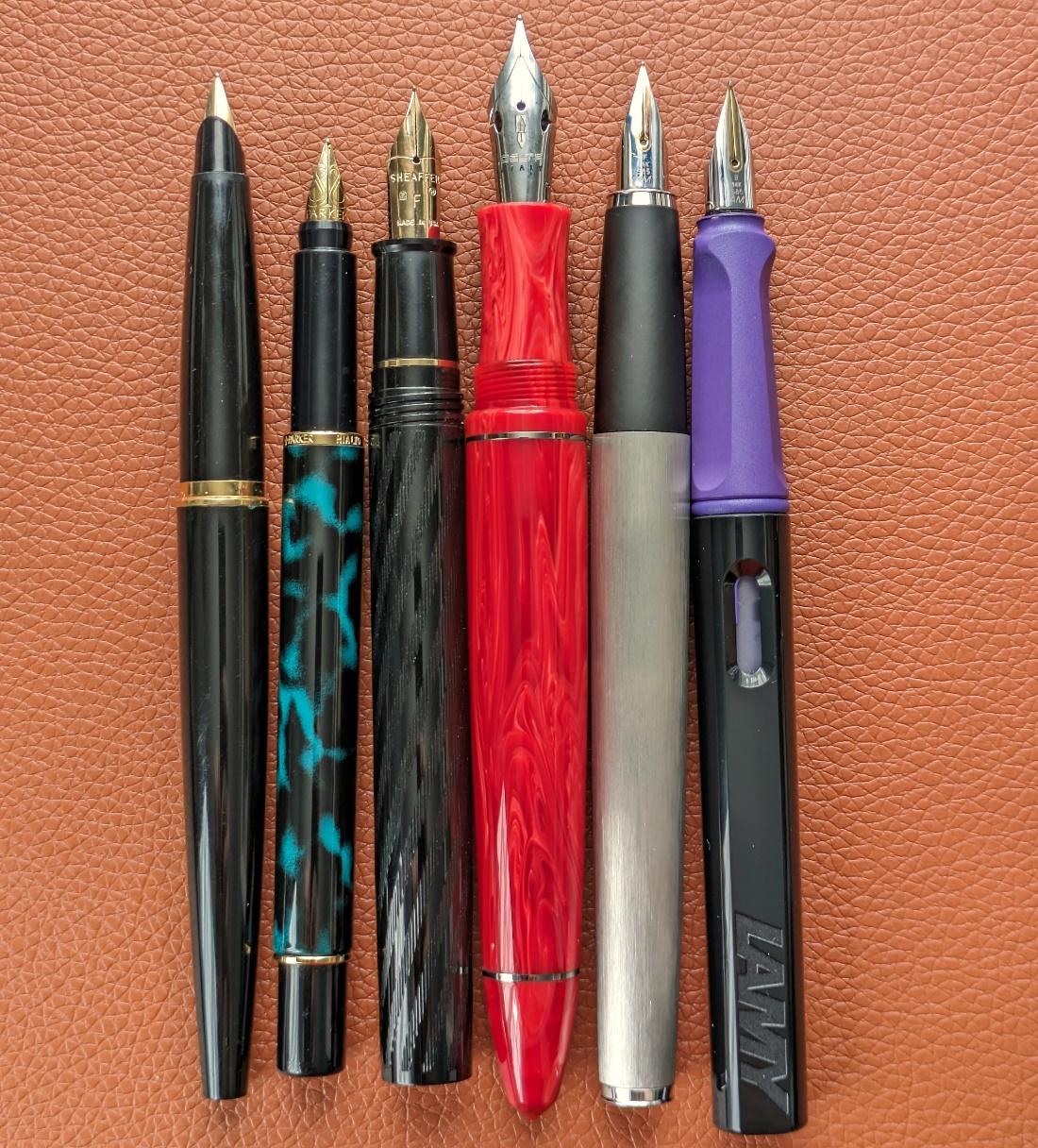 Parker 45, Parker Rialto, Sheaffer Old Timer, Delta Write Balance, Lamy Studio, Lamy Safari