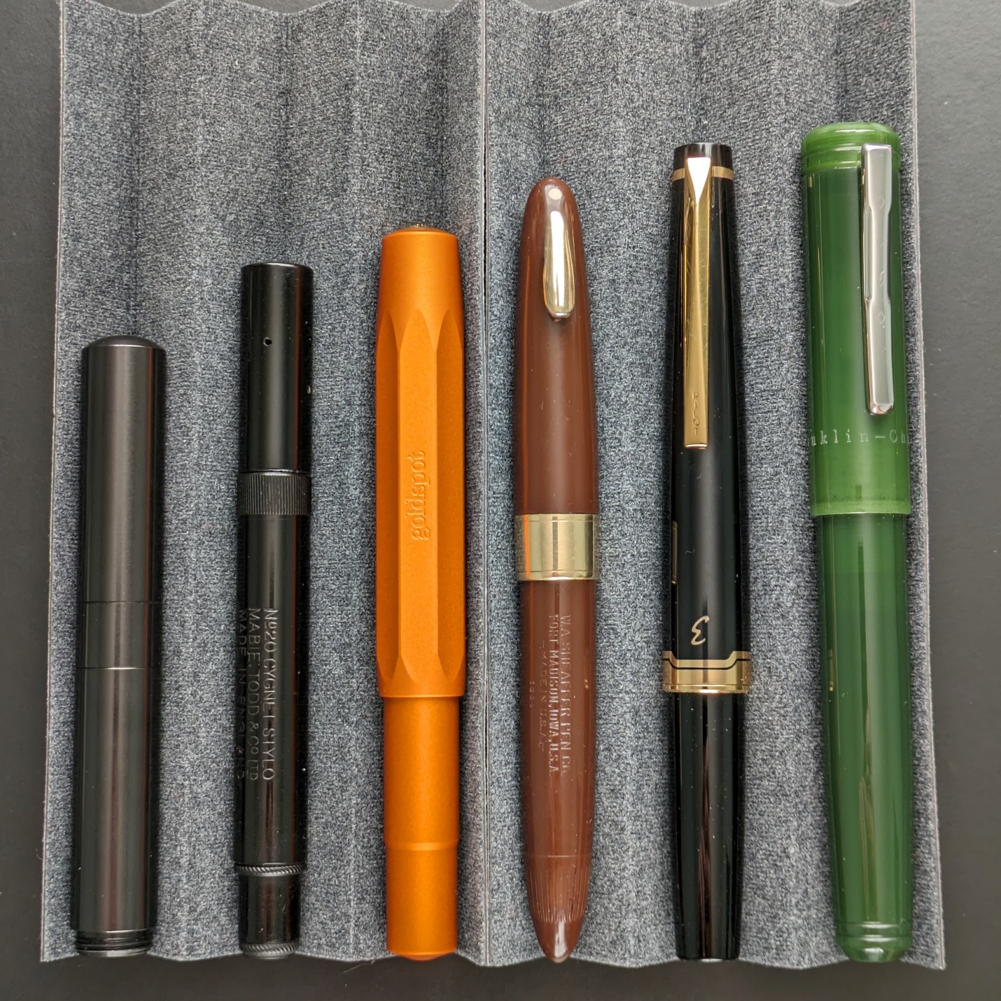 From left: Schon DSGN Pocket 6, Mabie Todd Cygnet, Kaweco Al-Sport, Sheaffer Valiant Tuckaway, Pilot E95S, Franklin-Christoph 20p