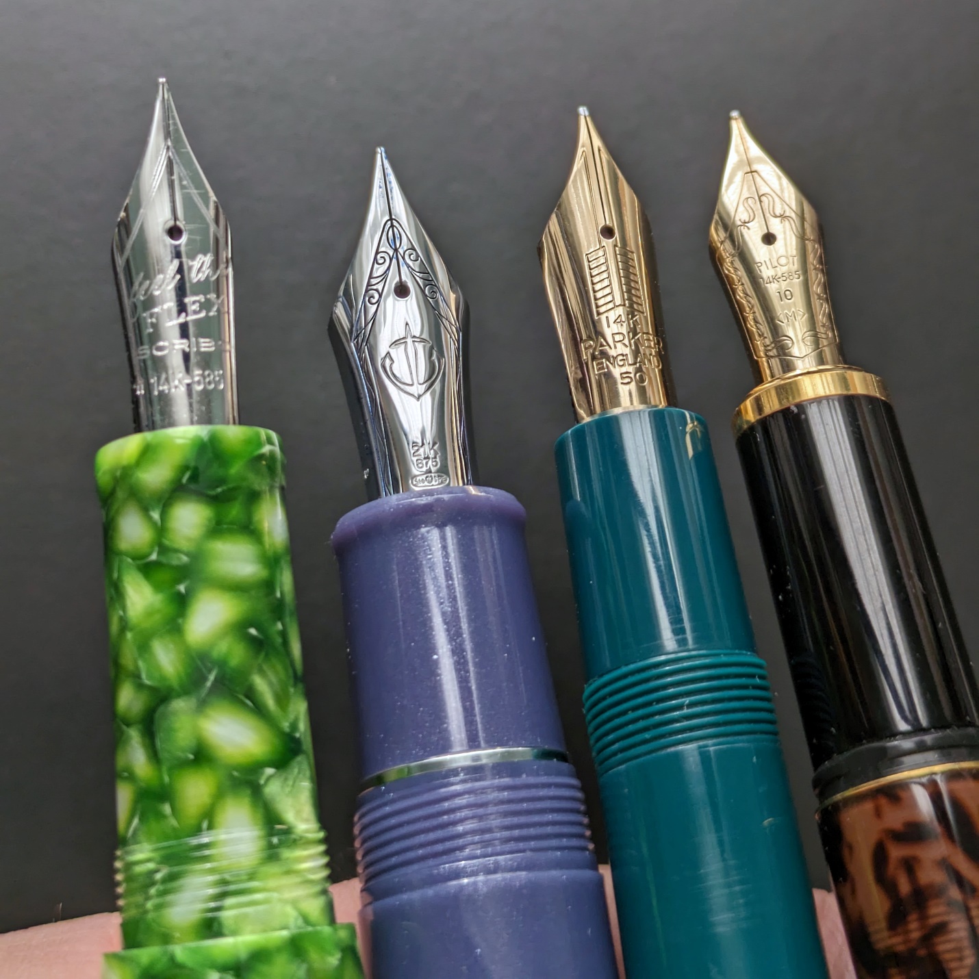 From left: Scribo La Dotta (F flex), Sailor King of Pen (B), Parker Duofold Maxima (F), Pilot Custom (M) 